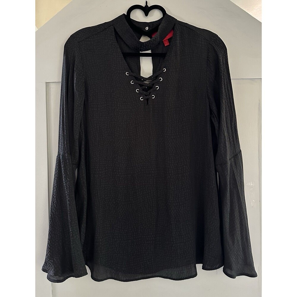 Jennifer Lopez JLO Lace Up Choker Blouse Black Bell Sleeve Size XS Loose Fit